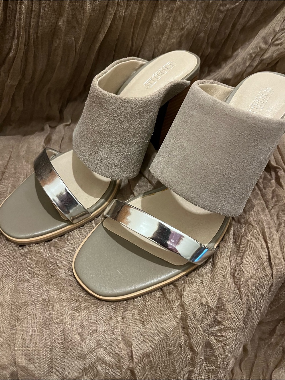 Seychelles Taupe Suede & Silver Metallic Slide Sandals
